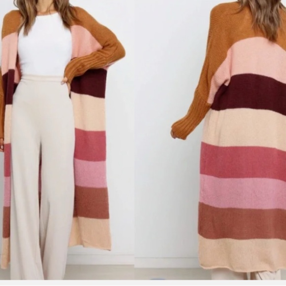 Petal & Pup Striped Long Open Cardigan in Mustard, Pink, Burgundy, Cream, Brown
